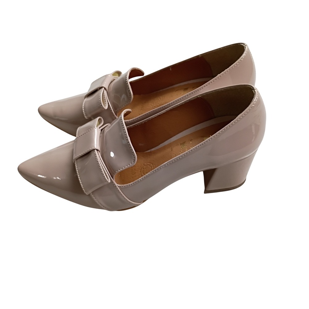 Patent Pointed-Toe Bow Loafers in Taupe - Women Shoes Heels - Picture 3 of 9